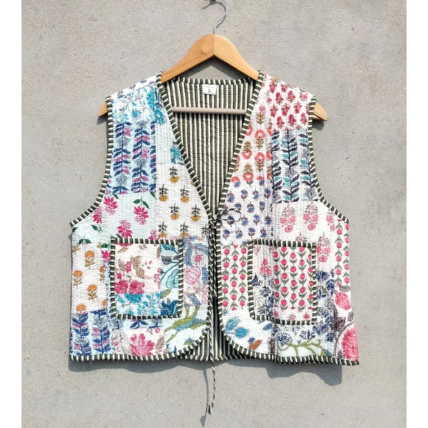 Cotton patchwork sleeve less Quilted Jacket Women Wear Front Open Kimono Stripe piping Hand Made Vintage Quilted Boho Rainbow