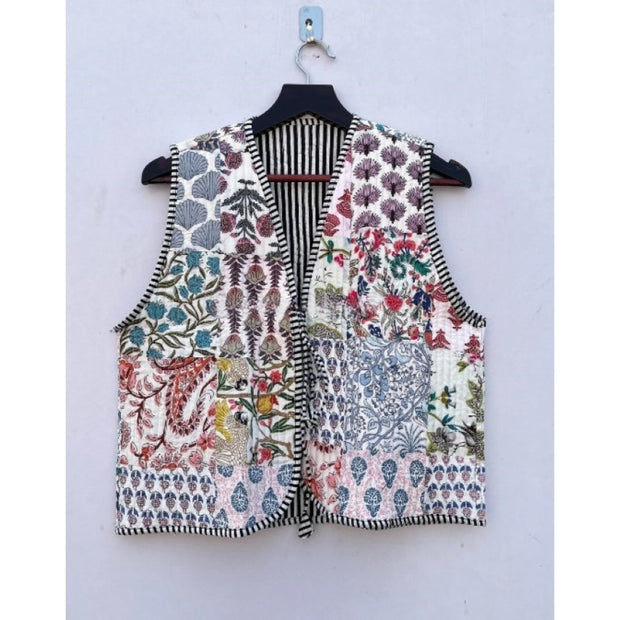 Cotton Quilted Jacket Women Wear Front Open Kimono Stripe piping HandMade Vintage Quilted Jacket