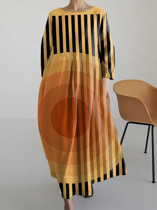 Striped Sun Abstract Art Bohemian Long Sleeve Dress