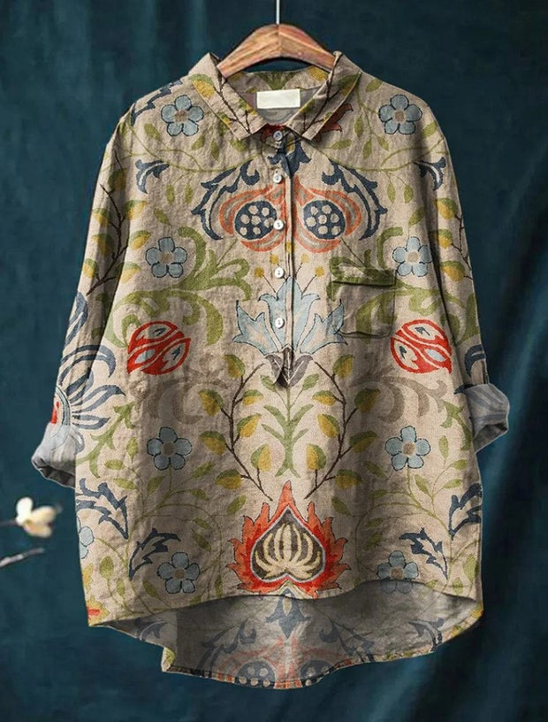 Women's Vintage Ethnic Floral Art Print Casual Cotton And Linen Shirt