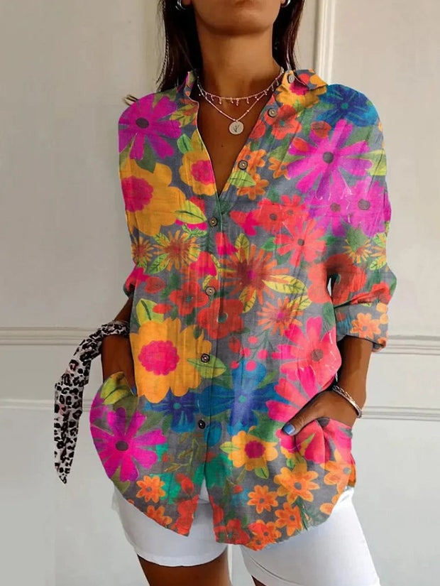 Vintage Bohemian Flowers Print Casual Long-sleeved Shirt