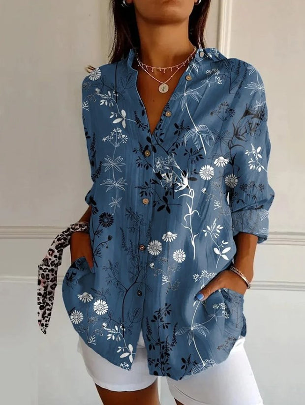 Women's Vintage Floral Art Print Casual Long-sleeved Shirt