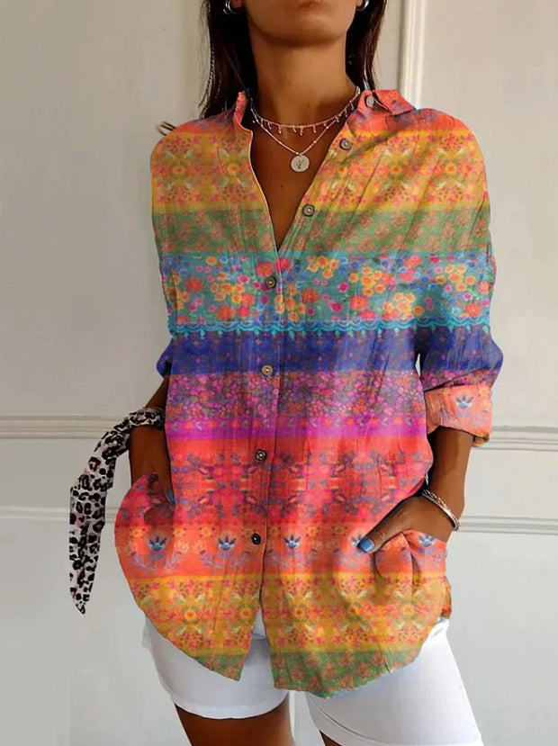 Vintage Colorful Bohemian Flowers Print Casual Long-sleeved Shirt