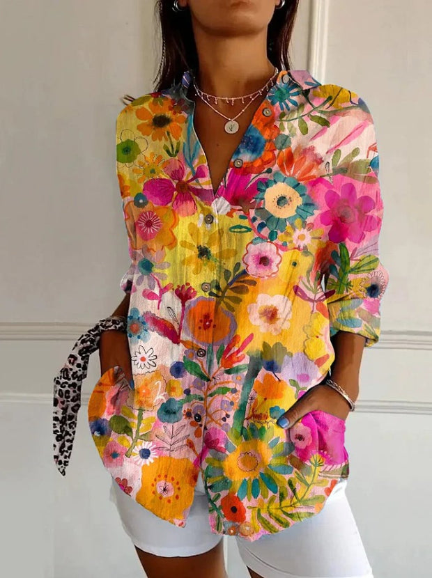 Vintage Bohemian Flowers Print Casual Long-sleeved Shirt