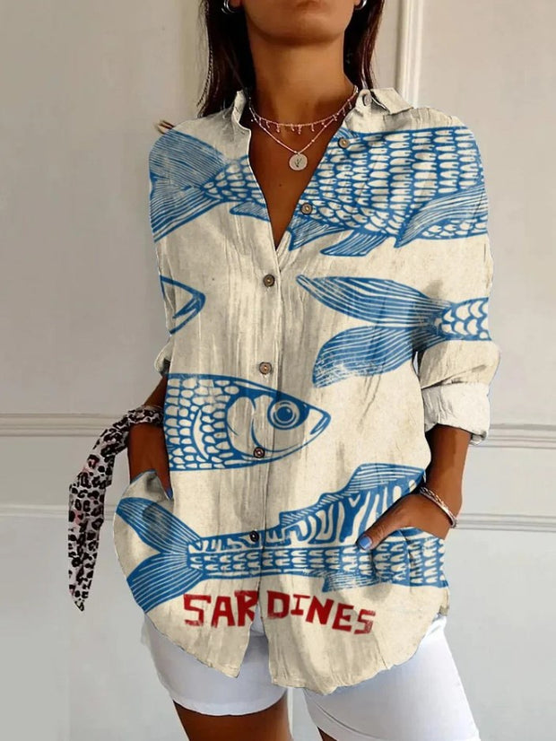 Vintage Sardines Fish Art Print Long Sleeve Shirt