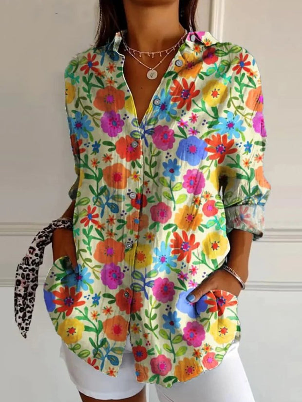 Women's Brightly Colored Small Flowers Print Casual Cotton Shirt