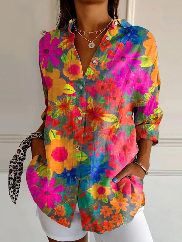 Retro Boho floral art print vintage chic V-neck button up long sleeve shirt