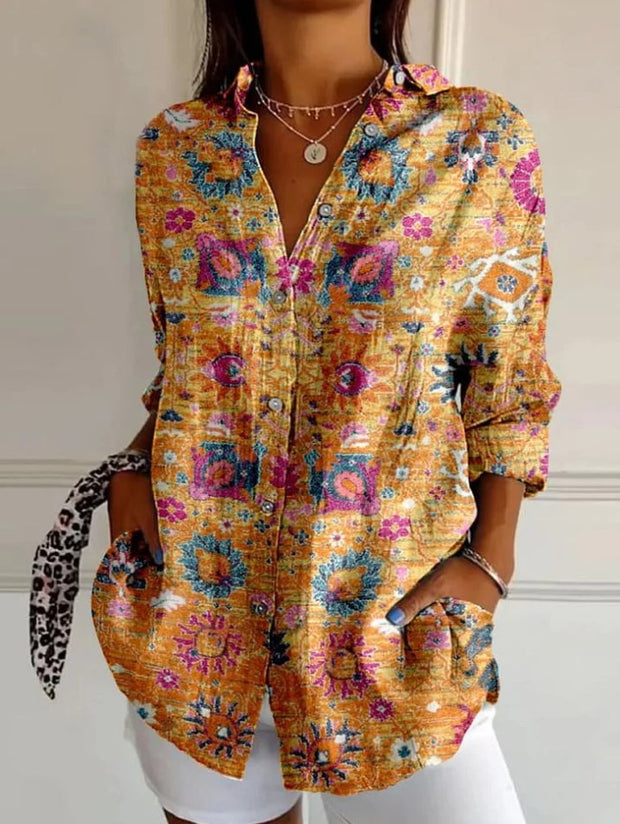 Retro Boho floral art print vintage chic V-neck button up long sleeve shirt