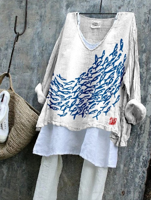 Fish Japanese Art Linen Blend Cozy Flowy Tunic