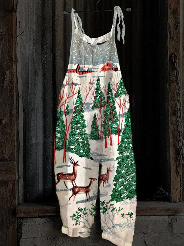 Women's Christmas Sika Deer Snow Scene Printed Casual Loose Overalls