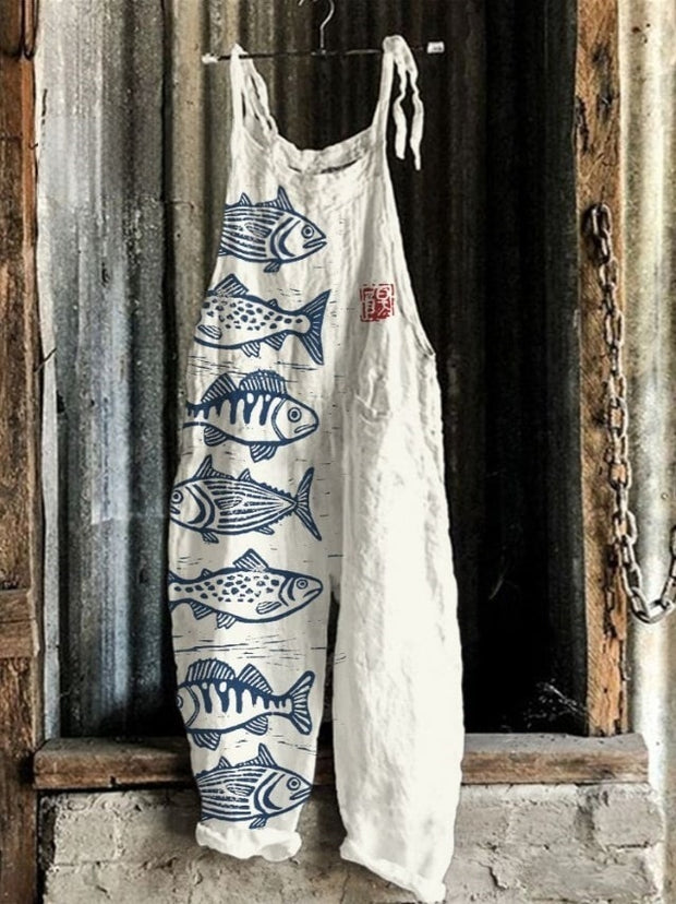 Fish Japanese Lino Art Linen Blend Jumpsuit