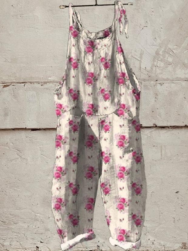 Watercolor French Rose Repeat Pattern Printed Women's Casual 100% Cotton Wide Leg Jumpsuit