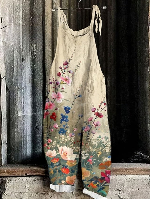 Vintage Flowers Art Print Linen Loose Casual Jumpsuit