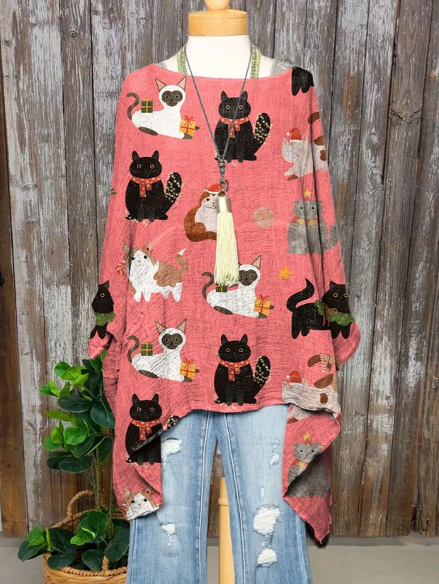 Women's Lovely Christmas Cats Art Print Pocket Cotton Top