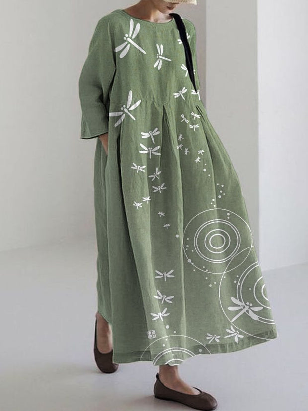 Dragonflies & Ripples Japanese Art Linen Blend Maxi Dress