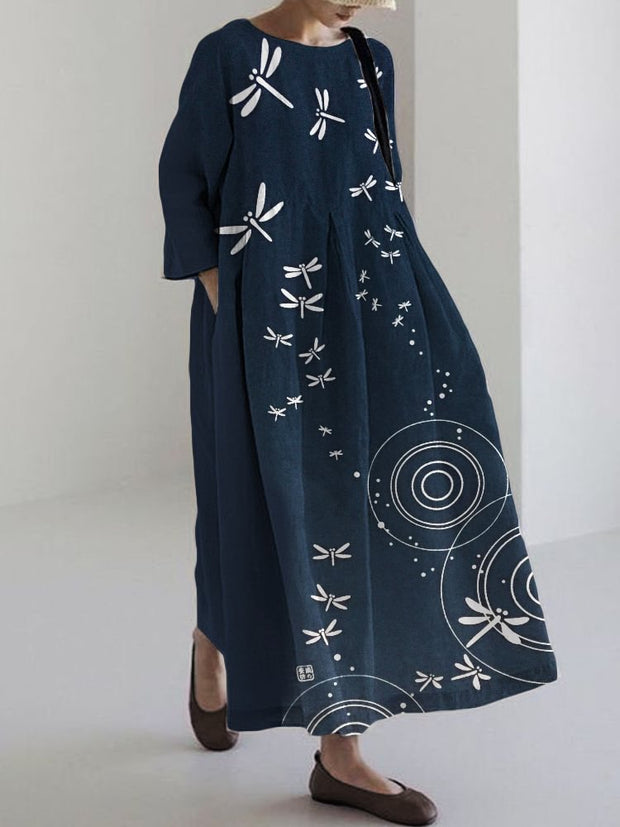 Dragonflies & Ripples Japanese Art Linen Blend Maxi Dress