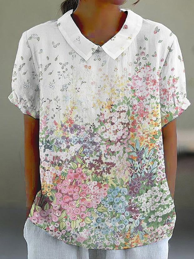 Elegant Floral Art Print Casual Cotton Linen Shirt