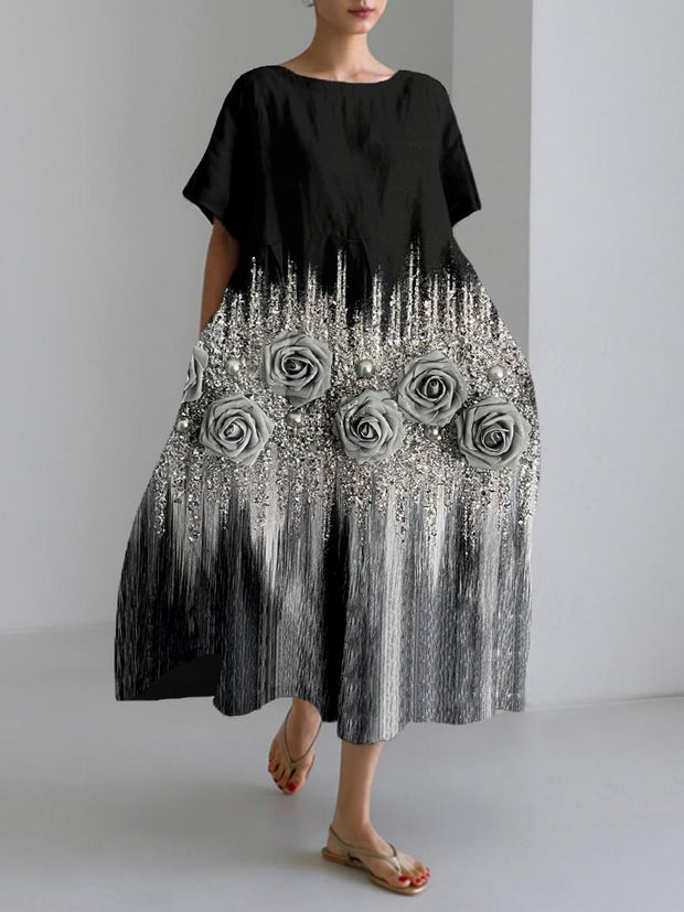 Elegant Silver & Black Roses Art Linen Blend Maxi Dress