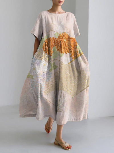 Embroidered Japanese Kimono Pattern Linen Blend Maxi Dress