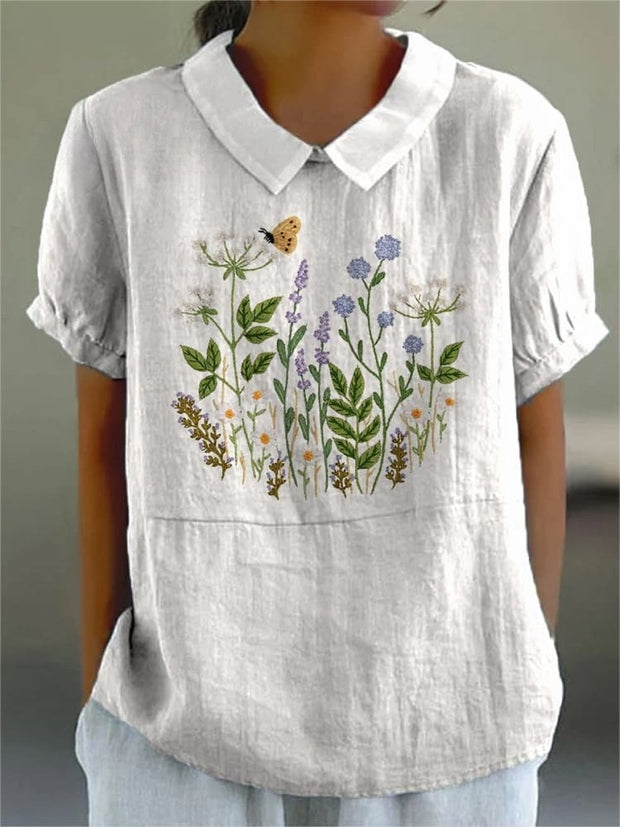 Embroidery Style Floral Bush Pattern Printed Women's Casual Cotton And Linen Shirt