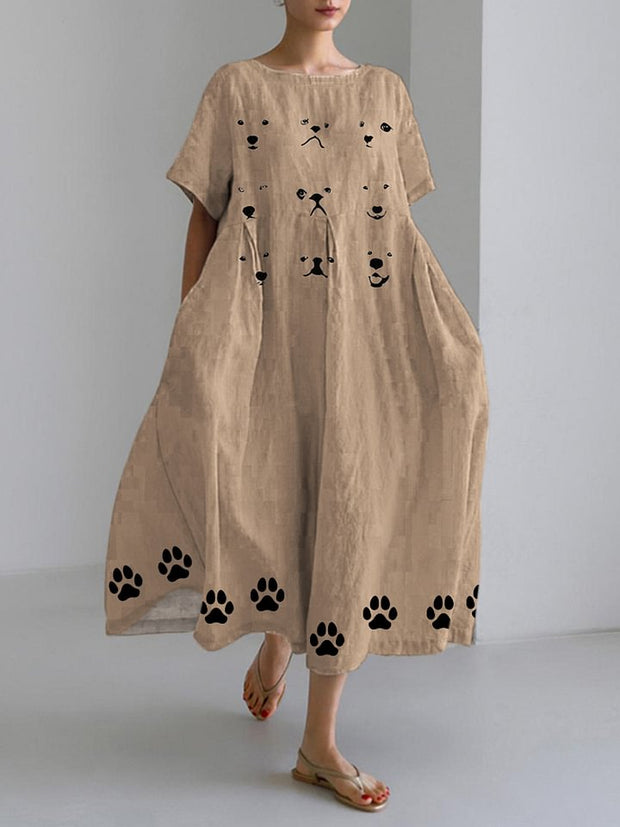 Emoji Puppy Art Print Linen Blend Maxi Dress