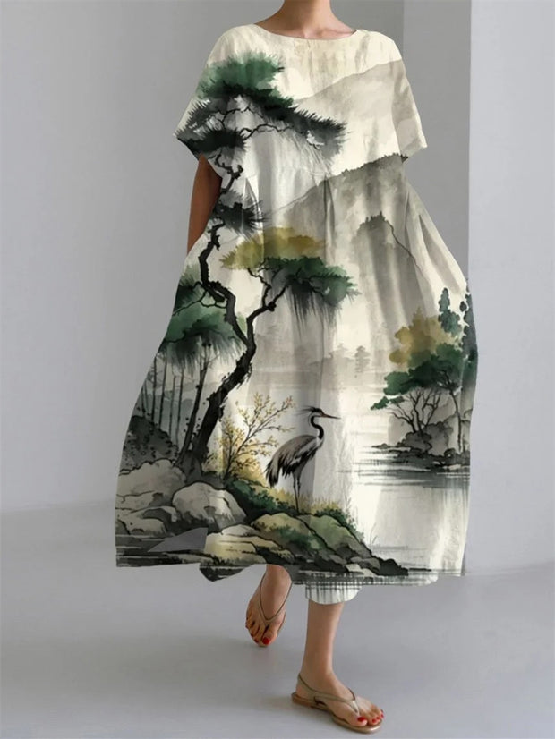 Feihe Landscape Print Short Sleeve Midi Dress