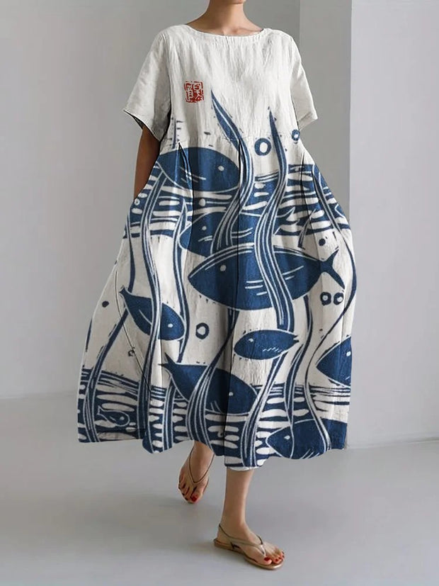 Fish under Sea Japanese Lino Art Linen Blend Maxi Dress