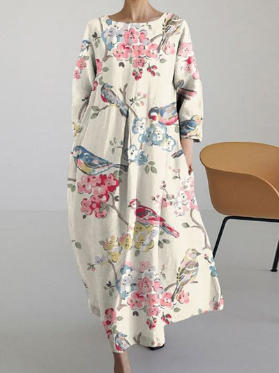 Floral Bird Round Neck Long Sleeve Midi Dress