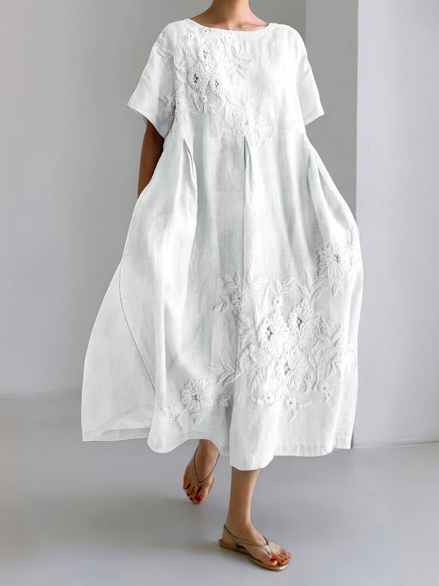 Floral Lace Embroidery Art Linen Blend Maxi Dress