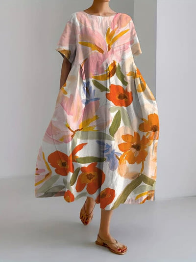 Floral Print Round Neck Short Sleeve Casual Midi Dress