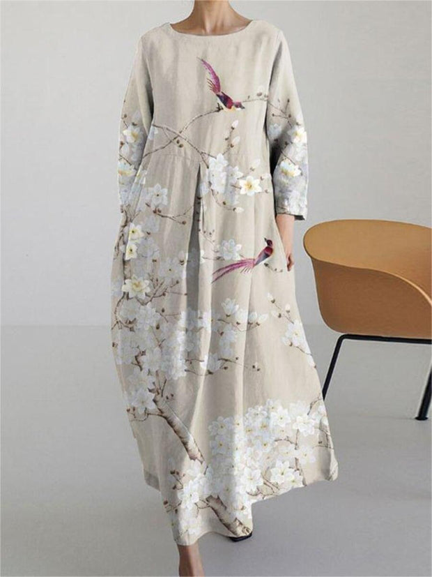 Floral Round Neck Long Sleeve Midi Dress