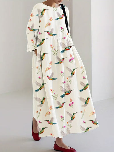 Floral & Hummingbird Print Maxi Dress