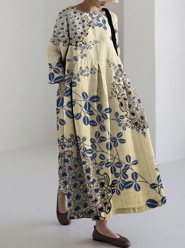 Flowers Japanese Traditional Pattern Linen Blend Maxi Dress