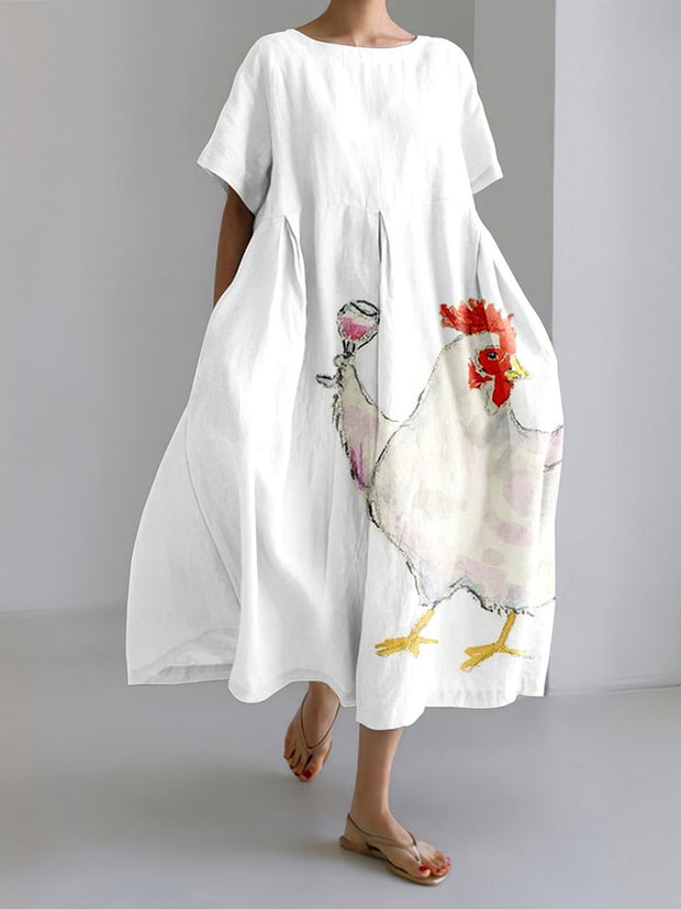 Funny Farm Chicken Cheers Art Print Pattern Linen Blend Dress