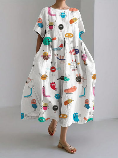 Funny Lovely Bugs Pattern Linen Blend Maxi Dress