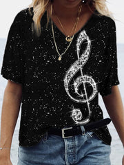 Glitzy Sparkly Diamond Music Note V Neck T Shirt