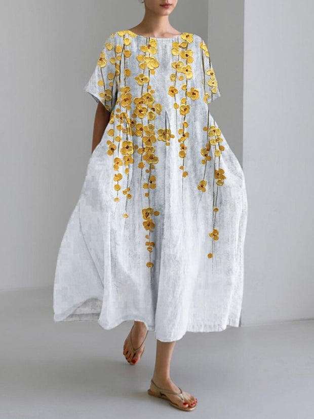 Gold Floral Embossed Art Print Linen Blend Maxi Dress