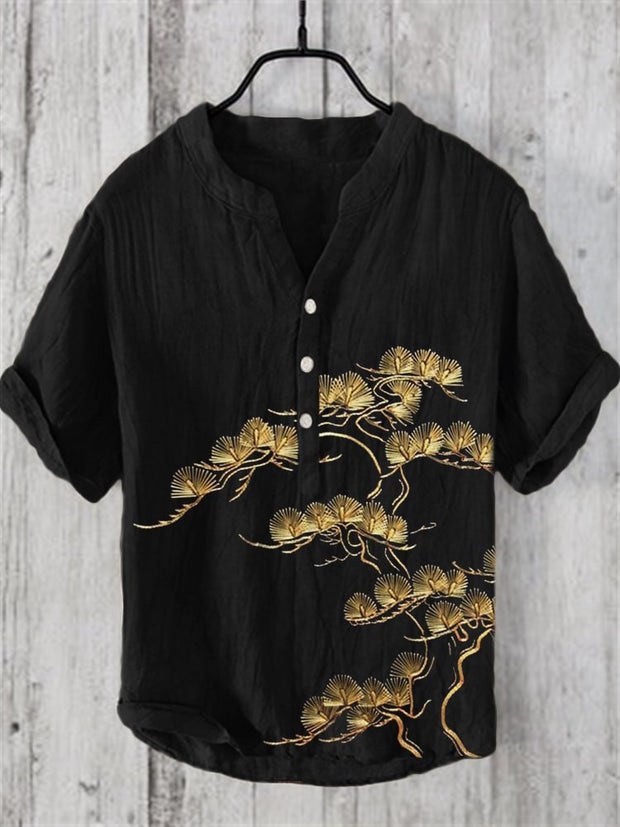 Golden Pine Trees Japanese Embroidered Linen Blend Shirt