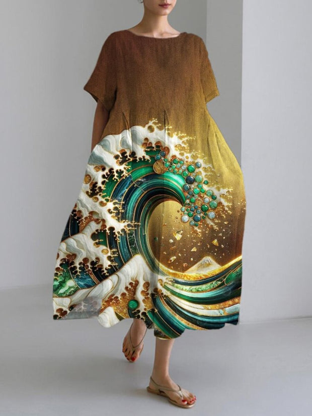 Golden Wave Japanese Linen Blend Maxi Dress