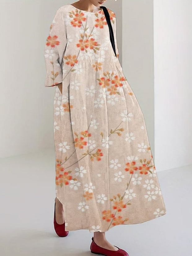 Gradient Cherry Blossom Print Linen Blend Maxi Dress