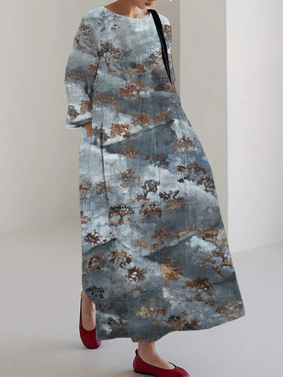 Gradient Forest Print Linen Blend Maxi Dress
