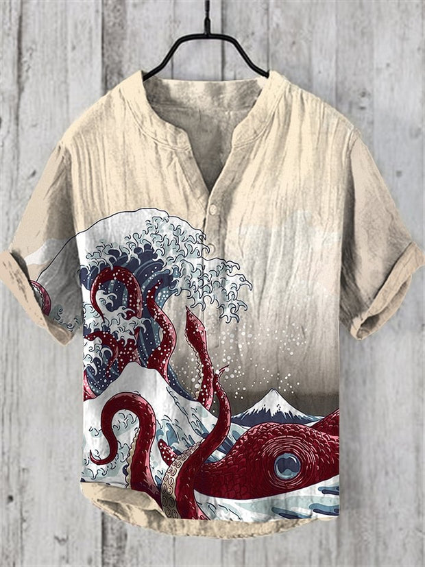 Great Waves And Octopus Japanese Art Print Henry Collar Shirt