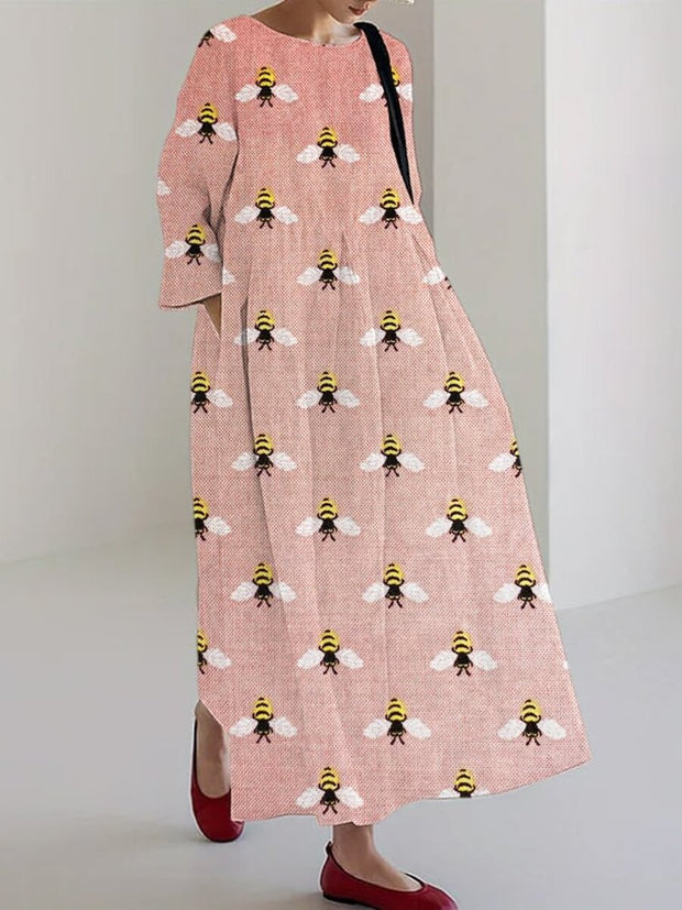 Honey Bee Print Linen Blend Maxi Dress