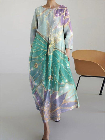 Japanese Art Butterfly Print Loose Midi Dress