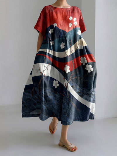 Japanese Art Casual Short Sleeve Waves Floral Print Linen Blend Dress
