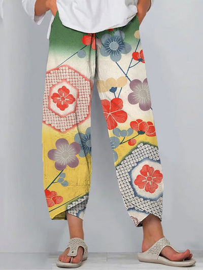 Japanese Art Cherry Blossom Print Casual Pants