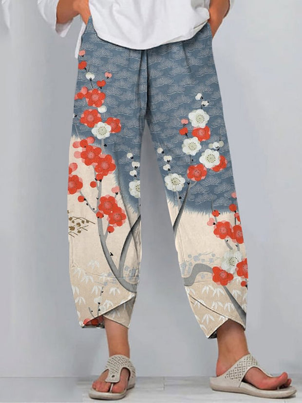Japanese Art Cherry Blossom Print Casual Pants