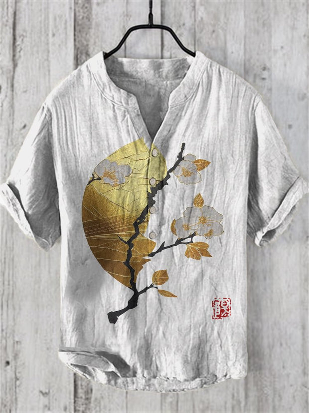 Japanese Art Cherry Blossom Print V-Neck Short Sleeved Shirt