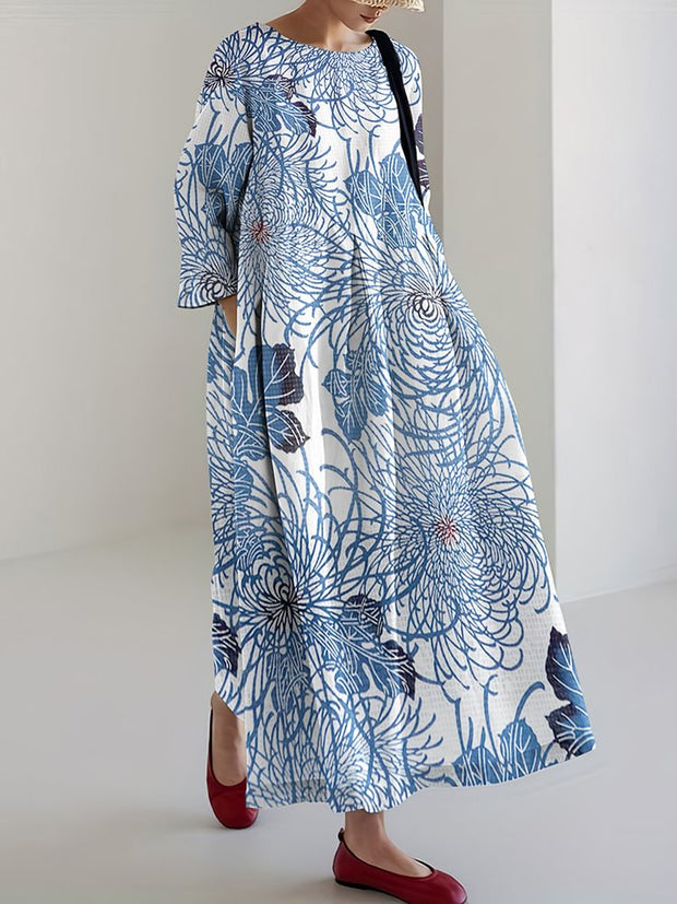 Japanese Art Chrysanthemum Print Loose Midi Dress