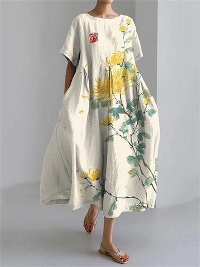 Japanese Art Chrysanthemum Print Loose Midi Dress